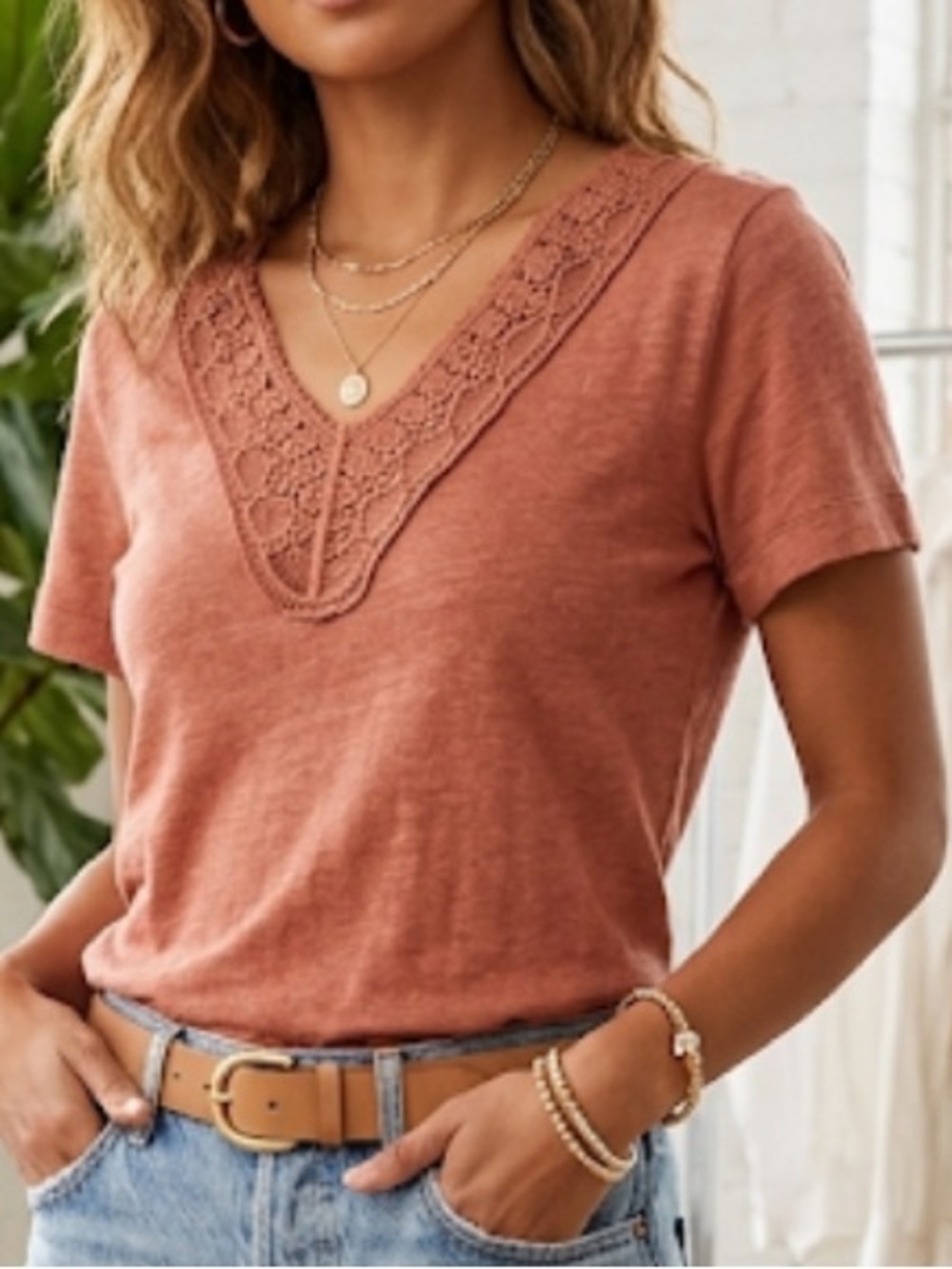 NWOT Pure Collection 100% Linen Lace Trim V-Neck Top rust brown 10/M
